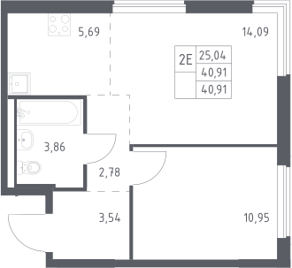 2-комн., 40.91 м², 13/17 этаж, ЖК «Мытищи Парк»