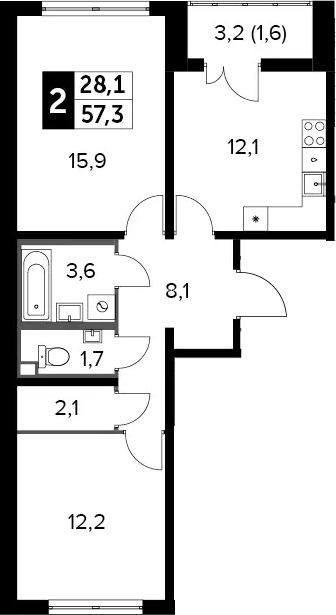 2-комн., 56.7 м², 7/24 этаж, ЖК «Южная Битца»