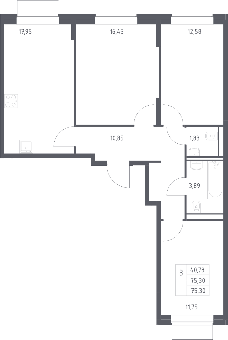 3-комн., 75.3 м², 6/13 этаж, ЖК «Квартал Домашний»
