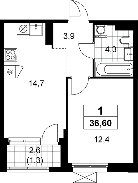 1-комн., 35.3 м², 18/19 этаж, ЖК «Прокшино»