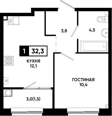 1-комн., 30.8 м², 2/14 этаж, ЖК «Резиденция Софи»