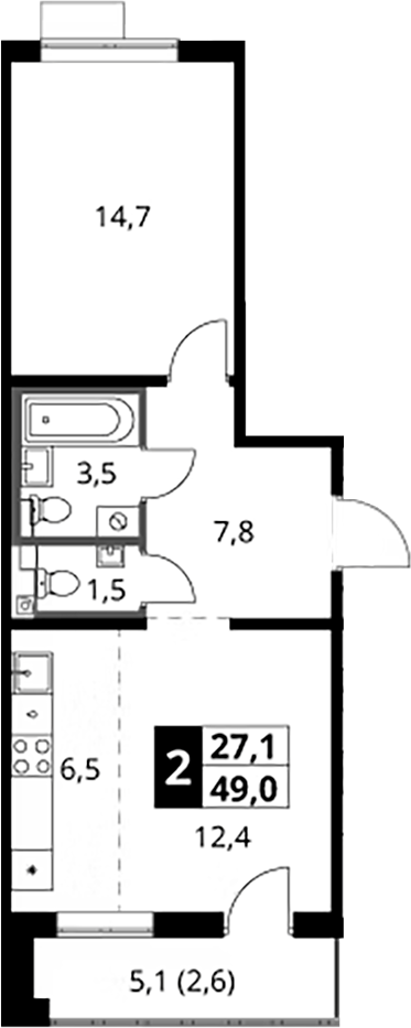 2-комн., 46.4 м², 24/24 этаж, ЖК «1-й Южный»