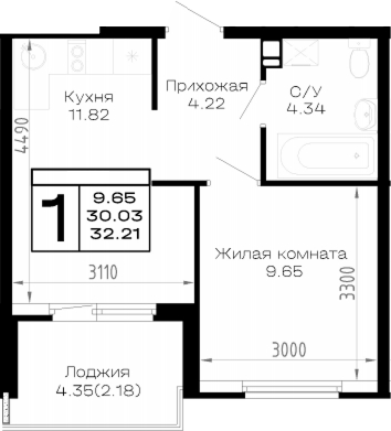 1-комн., 30.03 м², 3/4 этаж, ЖК «Усадьба Гостагаевская»