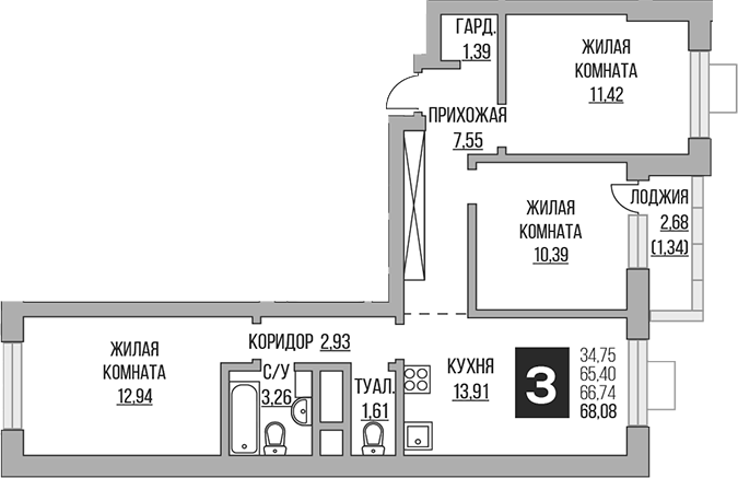 3-комн., 65.4 м², 21/23 этаж, ЖК «Гранель Ильинойс»