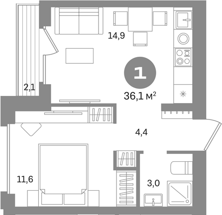 1-комн., 34 м², 4/4 этаж, ЖК «Первый квартал. Вторая очередь»