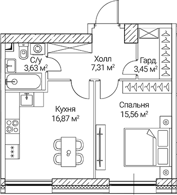 1-комн., 46.82 м², 31/51 этаж, ЖК «СЕЗАР СИТИ»