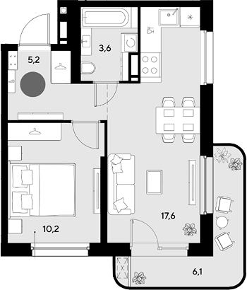 2-комн., 36.6 м², 7/18 этаж, ЖК «Грейд»