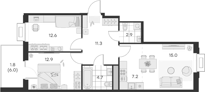 3-комн., 67.8 м², 2/4 этаж, ЖК «Михалевич»