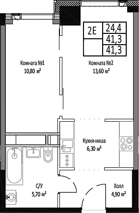 2-комн., 41.3 м², 30/35 этаж, ЖК «Мираполис»