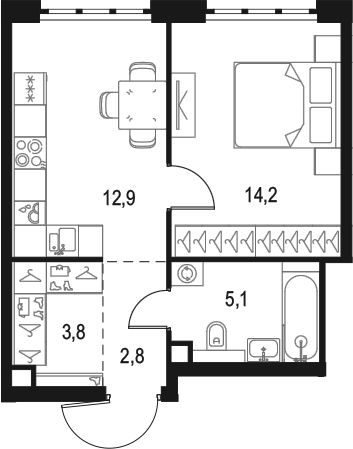 1-комн., 38.8 м², 38/49 этаж, ЖК «Левел Южнопортовая»