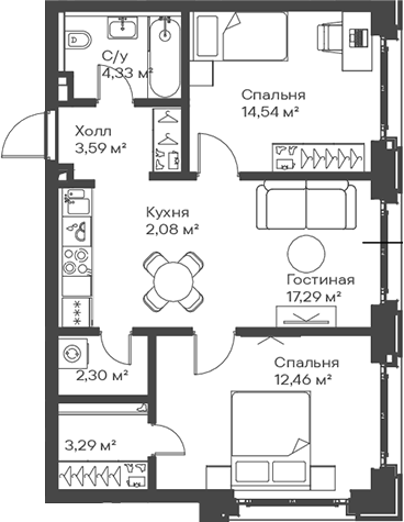 3-комн., 59.88 м², 7/15 этаж, ЖК «Сити Бэй»