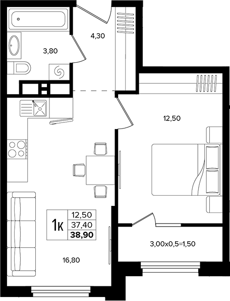2-комн., 37.4 м², 4/12 этаж, ЖК «Лермонтов Парк»