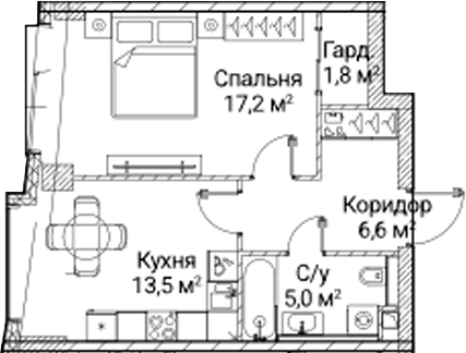1-комн., 43.94 м², 8/41 этаж, ЖК «СЕЗАР БУДУЩЕЕ»