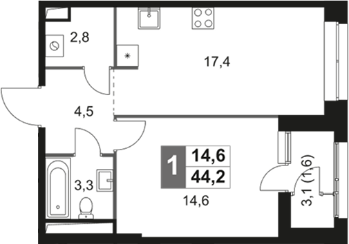 2-комн., 42.6 м², 14/26 этаж, ЖК «Скай Гарден»
