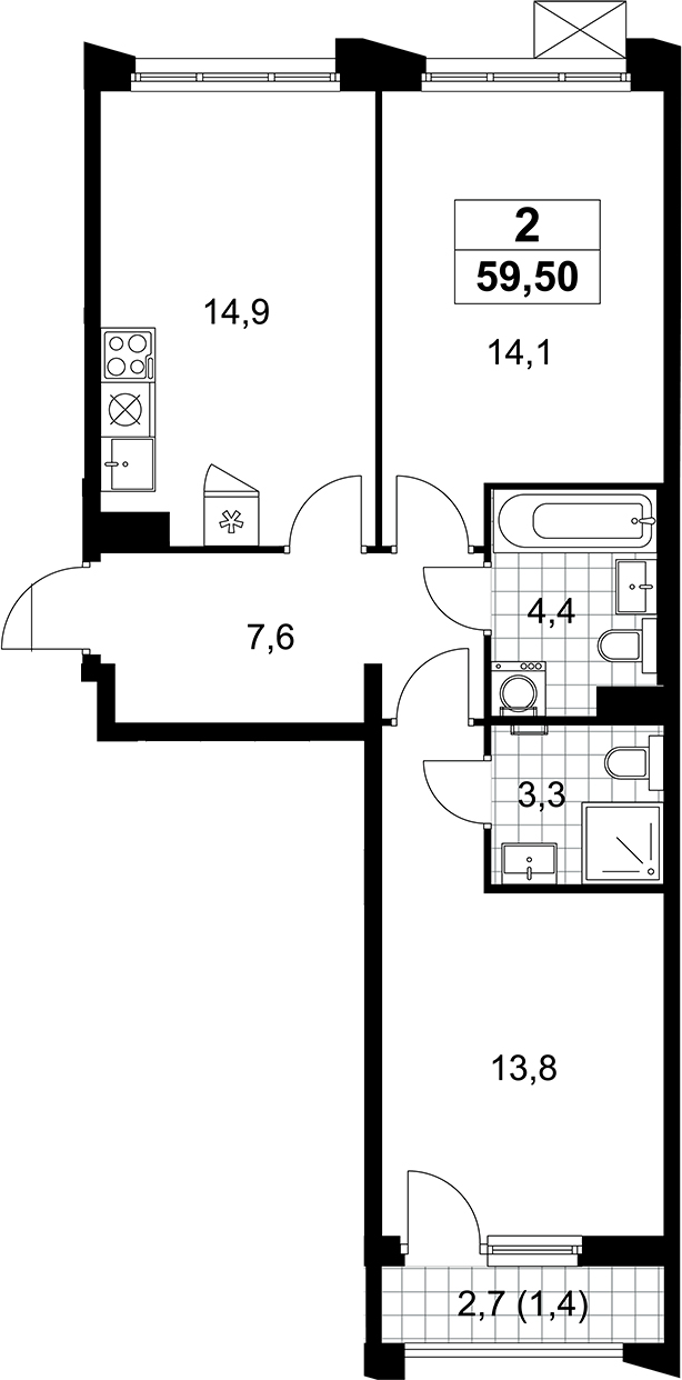 3-комн., 58.1 м², 10/15 этаж, ЖК «Деснаречье»