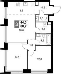 3-комн., 68.7 м², 40/58 этаж, ЖК «Амбер Сити»