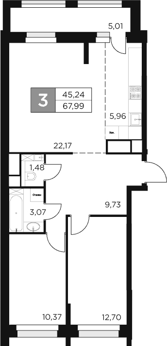 3-комн., 65.48 м², 4/15 этаж, ЖК «Восток 2»