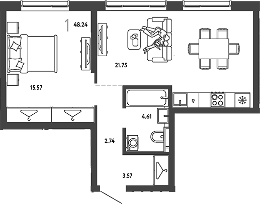 1-комн., 48.24 м², 7/19 этаж, ЖК «Страна.Парковая»