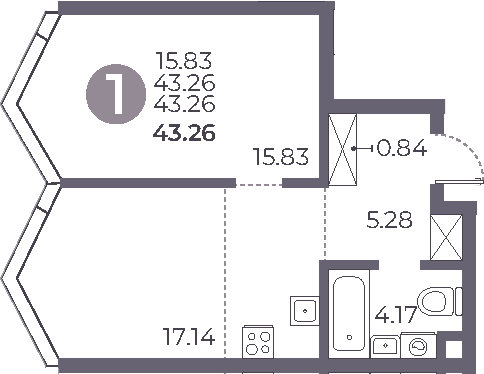 1-комн., 43.26 м², 7/27 этаж, ЖК «Мневники от Гранель»
