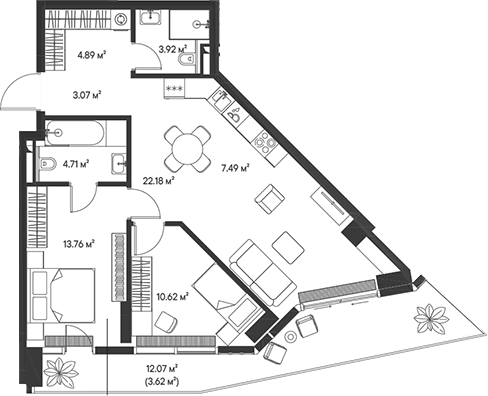 3-комн., 70.64 м², 12/47 этаж, ЖК «Джойс»