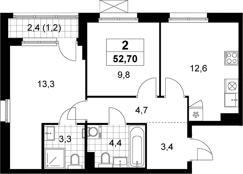 2-комн., 51.5 м², 9/15 этаж, ЖК «Прокшино»