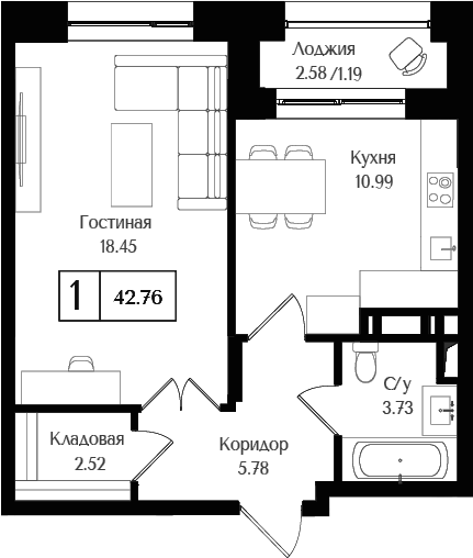 1-комн., 41.47 м², 16/17 этаж, ЖК «Преображенская площадь»