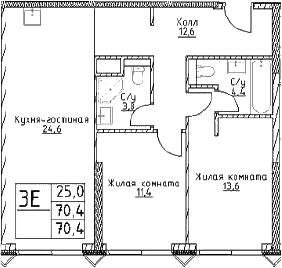 3-комн., 70.4 м², 12/29 этаж, ЖК «Наметкин Тауэр»