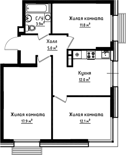 3-комн., 62.7 м², 2/6 этаж, ЖК «Коллекция»