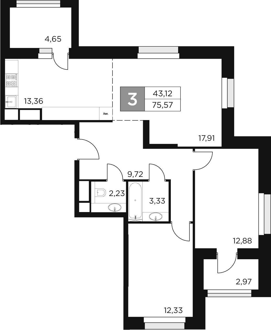 3-комн., 71.75 м², 2/8 этаж, ЖК «Восток 2»