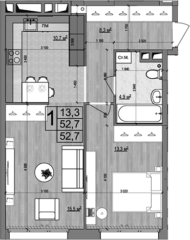 2-комн., 52.7 м², 2/18 этаж, ЖК «Гранд Комфорт»