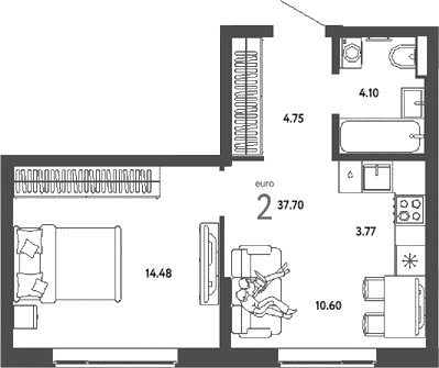 2-комн., 37.7 м², 17/19 этаж, ЖК «Страна.Парковая»