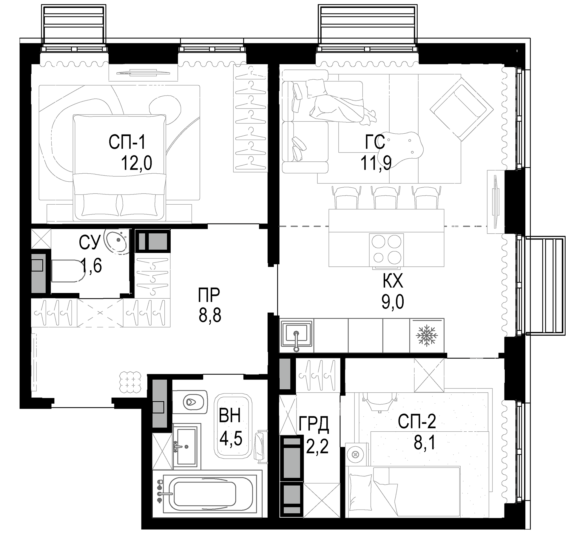 3-комн., 58.1 м², 19/21 этаж, ЖК «Новая Звезда»