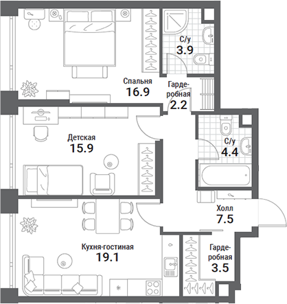 3-комн., 73.4 м², 25/35 этаж, ЖК «Нагатино Ай-Лэнд»