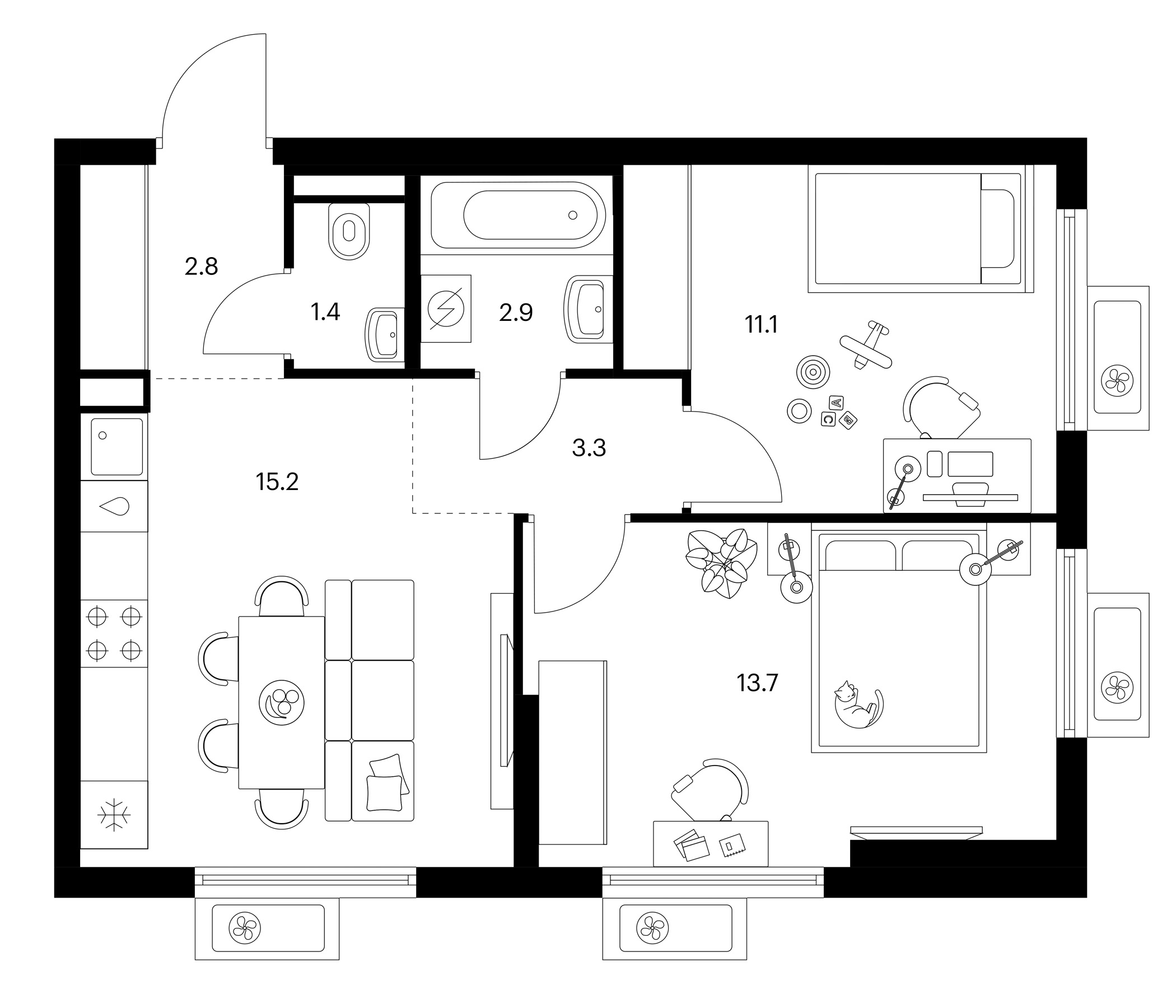 2-комн., 50.4 м², 14/25 этаж, ЖК «Белая Дача парк»