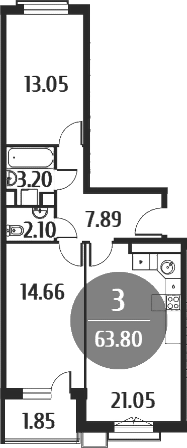 3-комн., 61.85 м², 2/4 этаж, ЖК «Равновесие»