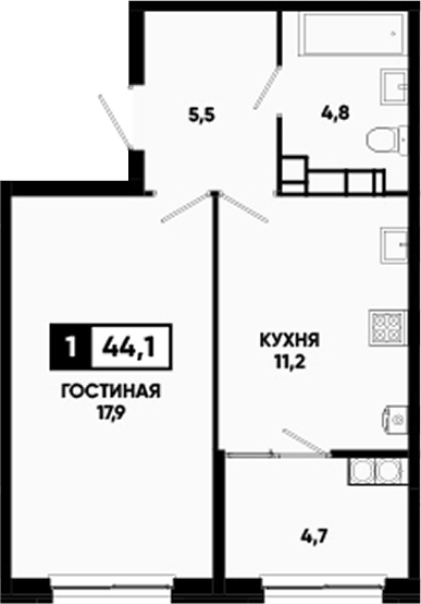 1-комн., 39.4 м², 13/16 этаж, ЖК «Кварталы 17/77»