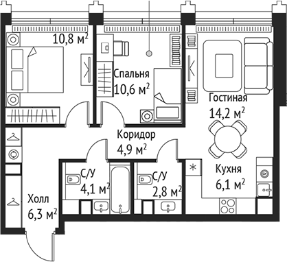 3-комн., 59.8 м², 52/59 этаж, ЖК «СЕТ»