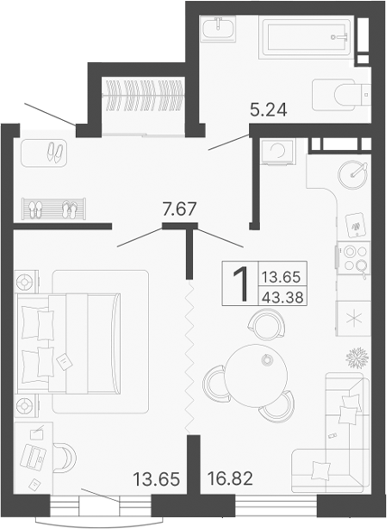 1-комн., 43.38 м², 5/20 этаж, ЖК «Светский лес»