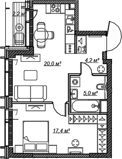 2-комн., 46.74 м², 54/59 этаж, ЖК «Веер»