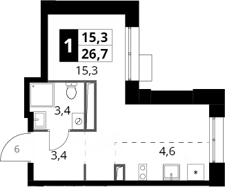 Студия, 26.7 м², 25/25 этаж, ЖК «1-й Саларьевский»
