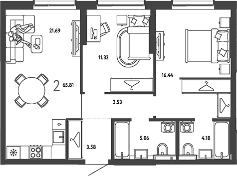 2-комн., 65.81 м², 5/18 этаж, ЖК «Страна.Парковая»