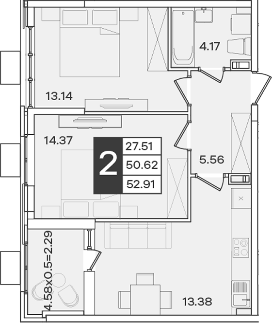 2-комн., 50.62 м², 3/9 этаж, ЖК «Сюжеты»