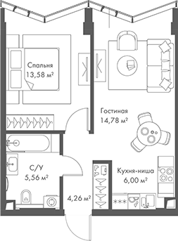 2-комн., 44.18 м², 9/24 этаж, ЖК «МИРА»
