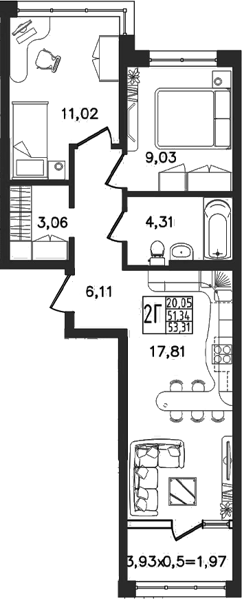 3-комн. квартира, 51.34 м² в ЖК Яблоневый — фото 2