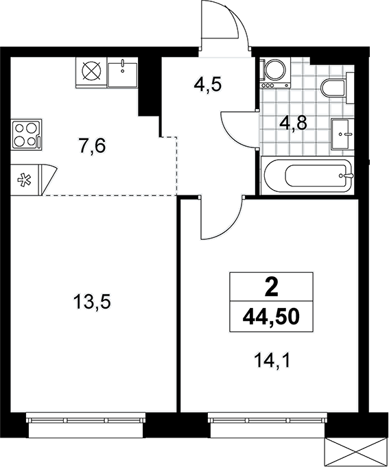 2-комн., 44.5 м², 12/12 этаж, ЖК «Дзен-кварталы»