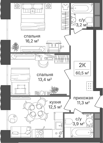 2-комн., 60.5 м², 8/30 этаж, ЖК «Гостиничный комплекс Варшавские ворота»