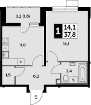1-комн., 36.2 м², 16/20 этаж, ЖК «Южная Битца»