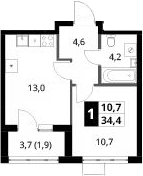 1-комн., 32.5 м², 2/18 этаж, ЖК «1-й Ясеневский»