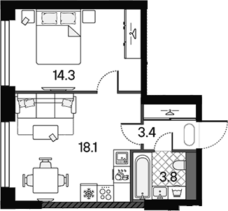 2-комн., 39.6 м², 27/43 этаж, ЖК «МАРК»