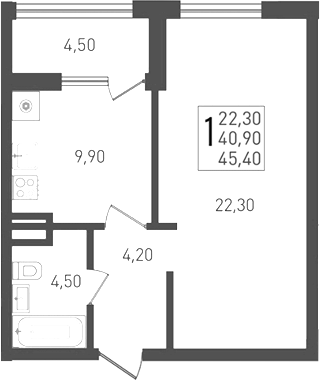 1-комн., 40.9 м², 5/8 этаж, ЖК «Югге»